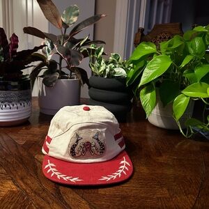 Red and Cream Baseball Cap with Embroidered Design